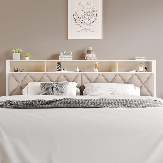 Queen Headboard Only, Headboard for Queen Size Bed with Storage, Upholstered Headboards with LED Lights & Charging Station, Attach Frame, Ideal for Bedroom/Dorm/Guest Room, White & Beige