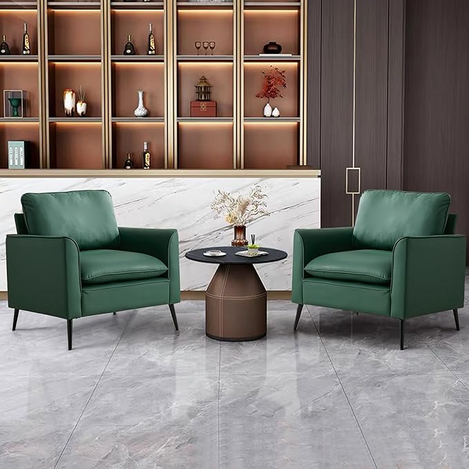 YISHENG Mid-Century Modern Living Room Accent Chairs Set of 2 - Oversized Faux Leather Armchairs with Removable Cushions & Metal Legs, Comfortable Sofas for Office/Lounge/Bedroom/Reception,Green