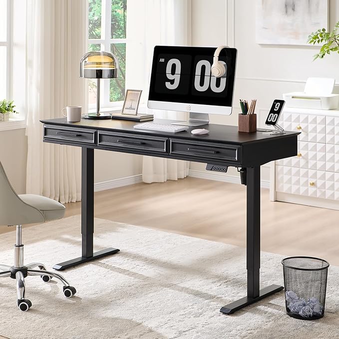 55x22 Inch Electric Standing Desk with One-Piece Desktop, Adjustable Height Computer Desk with 3 Storage Drawers & Power Outlets, Sit to Stand Up, Gaming Table for Home Office and Study, Black