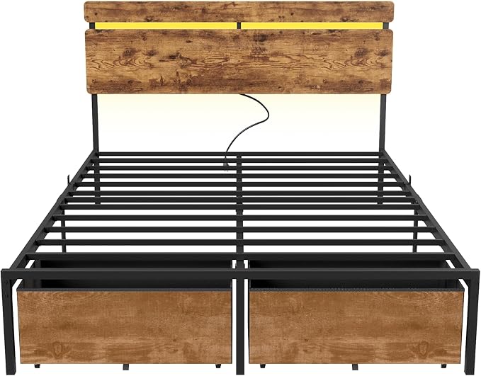 Forestell Queen Bed Frame with Wood Headboard, Metal Platform Bed with 2 Storage Drawers & Shelf, Built-in Charging Station & LED Lights, No Box Spring Needed, Vintage Brown, Cama Queen Size