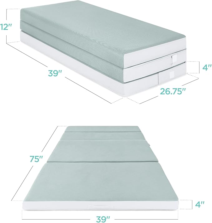 Best Choice Products 4in Portable Twin-Size Mattress, Tri-Fold Mattress for Camping, Guest, Toddler, Foam Plush w/Carry Case - Seafoam
