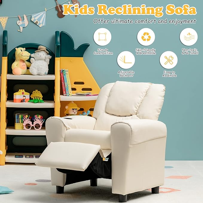 Costzon Kids Recliner Chair with Cup Holder, Toddler Furniture Children Armrest Sofa w/Headrest & Footrest for Girls Boys Baby Bedroom, Kids Room, PU Leather Kids Recliner Couch (Beige)