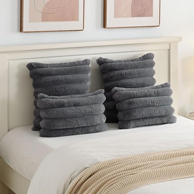FUTEI Dark Grey Decorative Throw Pillow Covers 22x22 Inch Set of 2, Square Soft Faux Rabbit Fur Big Striped Cushion Cover,Home Decor for Couch Sofa Bed Living Room