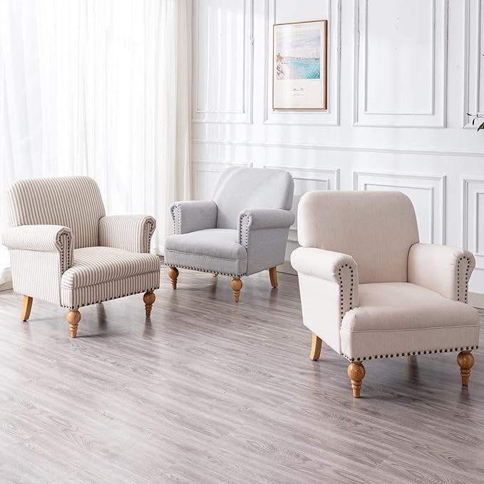 Linen Accent Chairs Set of 2 Mid-Century Modern Living Room Armchair with Nailhead Trim & Wood Legs Comfy Upholstered Single Sofa Chair for Lounge/Bedroom/Reception, Cream