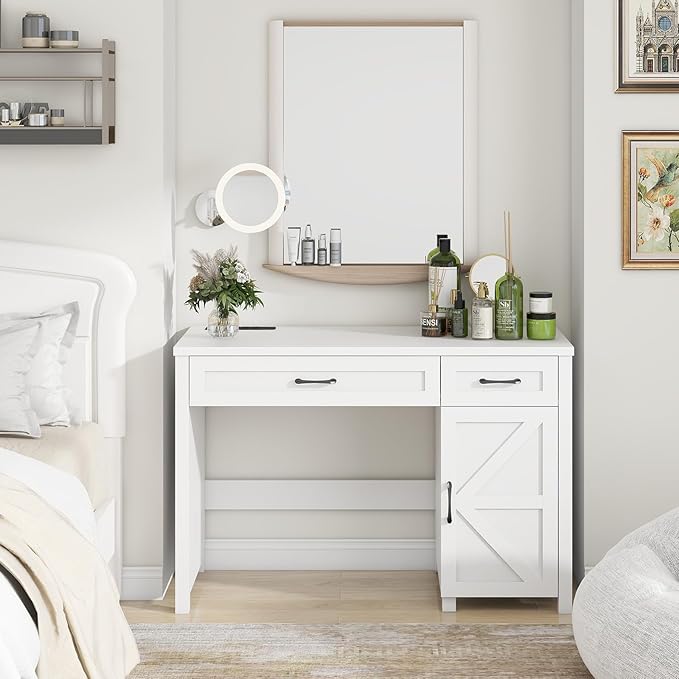 Farmhouse 47" Executive Desk, Computer Desk with Drawers and Storage Cabinet, Workstation for Home Office and Study.(Cream White)
