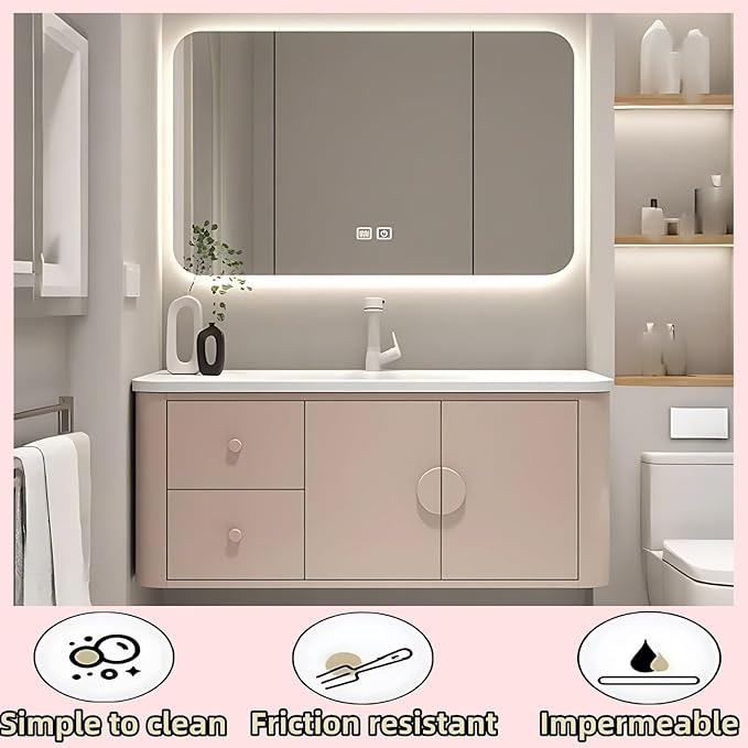 56IN Pink Modern Bathroom Vanity - Bathroom Vanities Set with 2 Drawers Wall Mounted | Rounded Corner Smart Defogging Mirror Cabinet with Lighting & Time Display, Side Opening Storage Shelf (Style A)