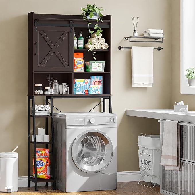 Over The Toilet Storage Cabinet, Farmhouse Storage Cabinet Over Toilet with Sliding Barn Door,Home Space-Saving Toilet Rack, for Bathroom, Restroom, Laundry.(Espresso)