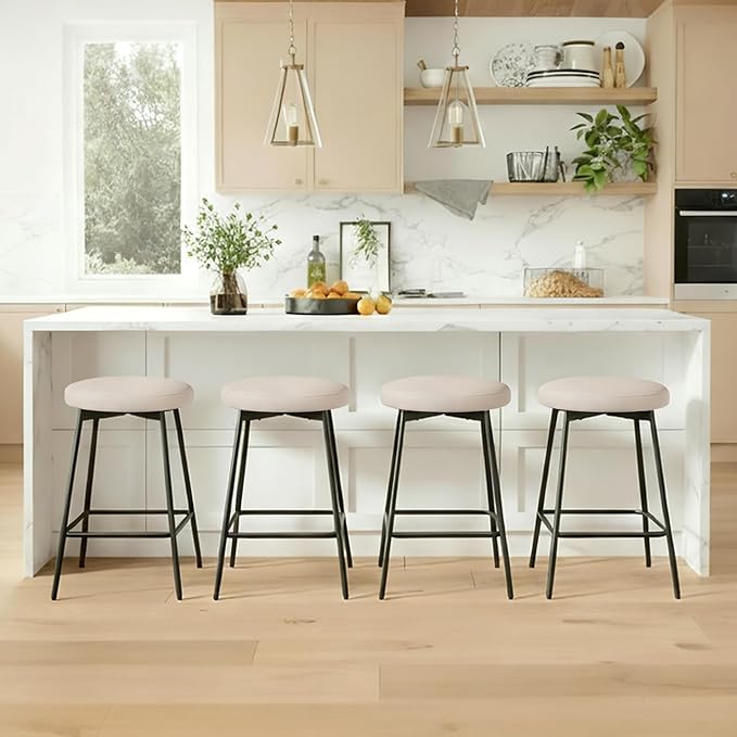Swivel Bar Stools Set of 3, 24" Counter Height Bar Stool, Backless Barstools with Faux Leather Upholstered Seat&Sturdy Wood Legs for Kitchen Island, Beige
