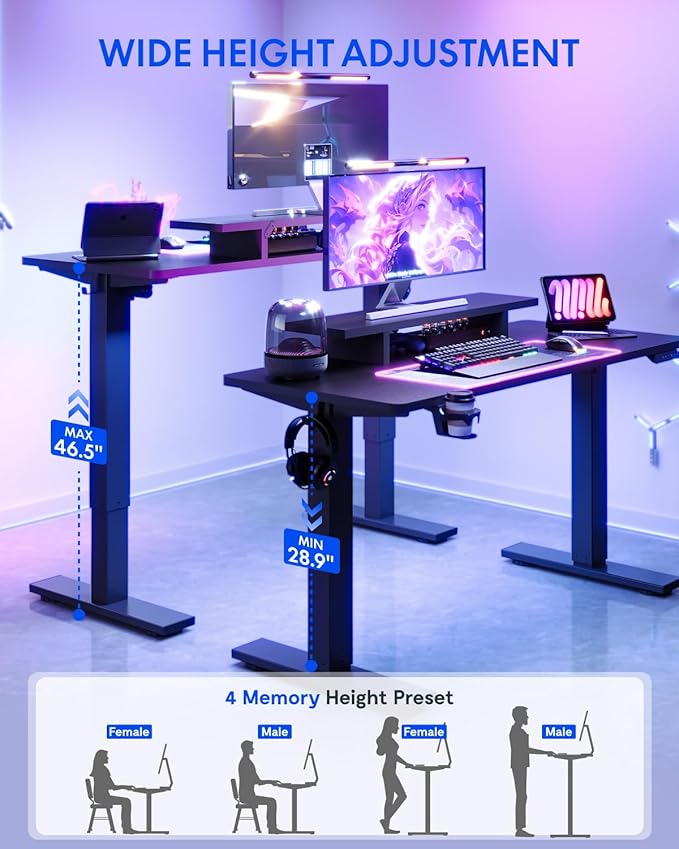 FLEXISPOT Standing Desk with Monitor Stand, 55 x 24 Inches One-Piece Electric Height Adjustable Computer Desk with Cup Holder, Home Office Desks (Black Frame+ Black Top)