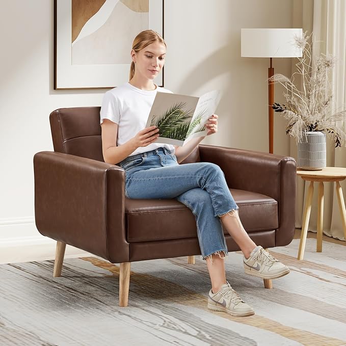 CANMOV 29" W Oversized Leather Accent Chair, Armchair Button Back, Mid Century Modern Accent Chairs for Living Room, Modern Upholstered Bed Room Chair Cozy Armchair with Wood Legs, Brown