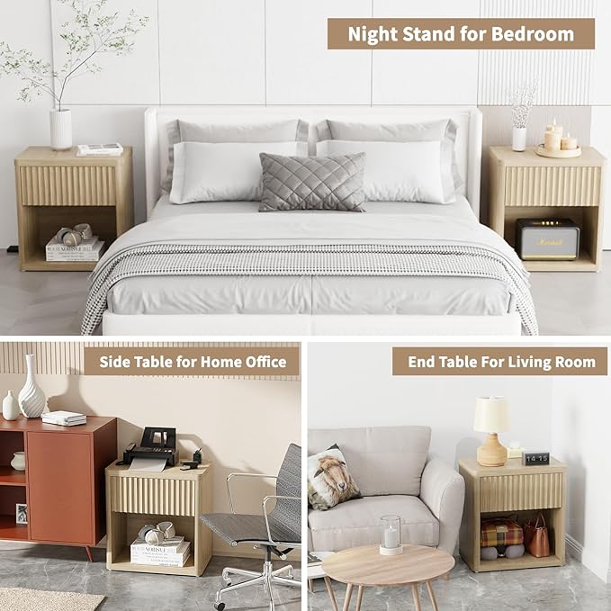 Large Modern Nightstand with Drawer Storage 22.8Inch Wide Fluted Bedside Table End Table for Bedroom, Living Room, Sofa, Couch, Home Office,Mid Century Bed Stands, Natural Color