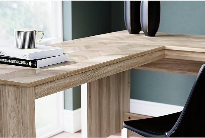 Signature Design by Ashley Battelle Casual L-Shaped Chevron Pattern 60" Home Office Desk with Return, Drawer and Cabinet, Light Brown