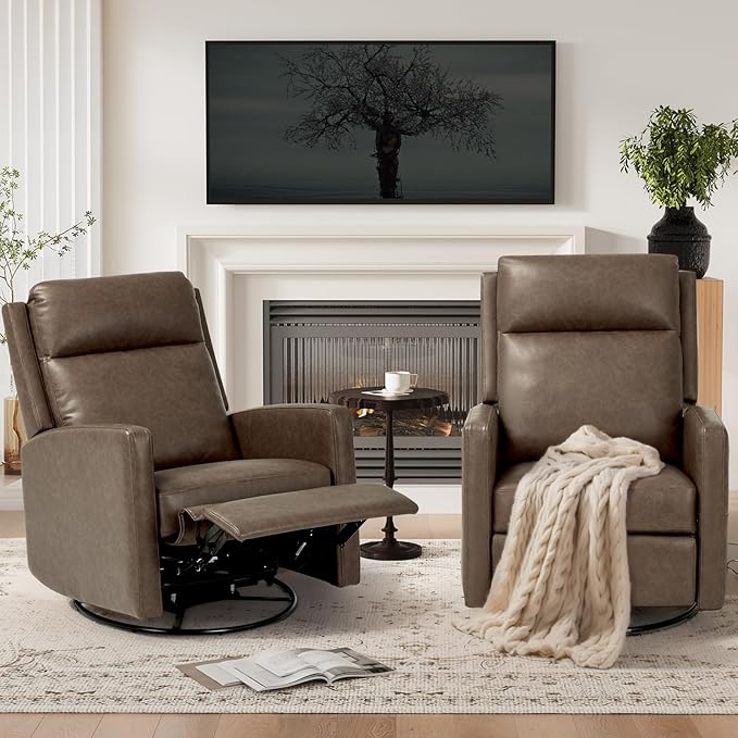 COLAMY Swivel Rocking Recliner,Wide PU Leather Glider Sofa Chair with Ergonomic High Backrest for Living Room, Office, Bedroom(Warm Gray)
