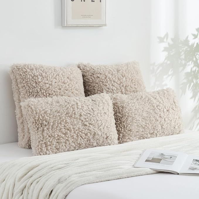 FUTEI Beige Decorative Throw Pillow Covers 24x24 Inch Set of 2,Soft Fluffy Faux Wool Fur Boucle Textured European Cushion Case,Modern Home Decor for Couch Bed Living Room Office