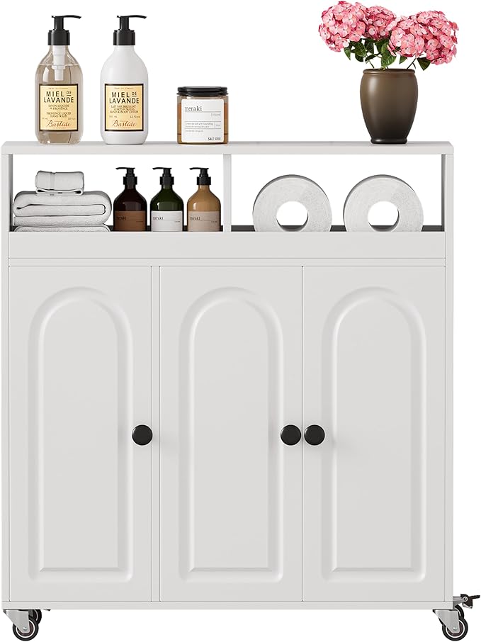 Bathroom Storage Cart with Doors,3-Door Cabinet & Divided Open Shelf,Rolling Organizer Cart for Bathroom, Toilet,White (2)