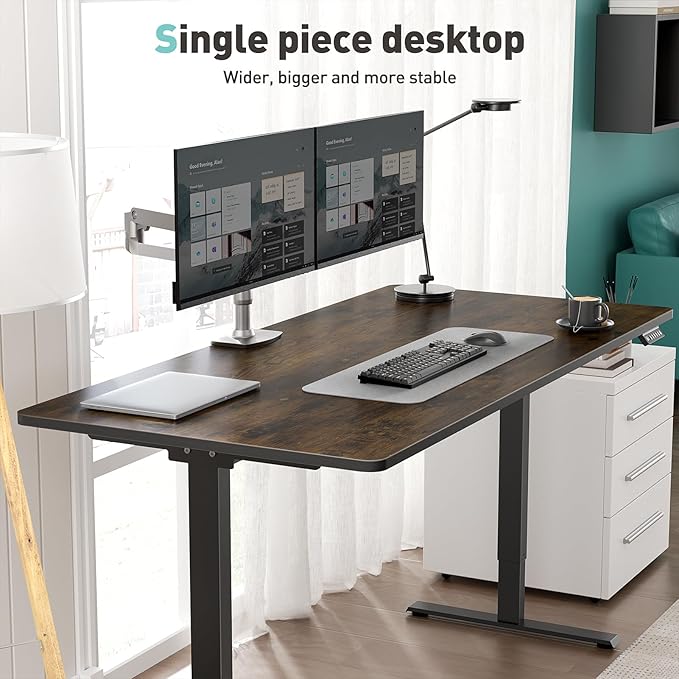 One-Piece Electric Standing Desk, 48 x 24 Inch Adjustable Height Sit to Stand Up Desk for Home Office, Work & Study, Black Frame & Brown Desktop (2 Packages)
