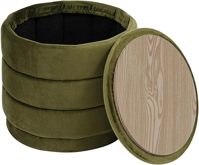 PINPLUS Round Velvet Ottoman Tray, Olive Green Upholstered Decorative Accent for Footstool or Coffee Table, Removable Serving Surface