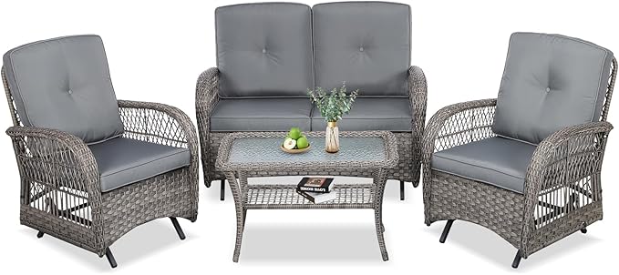 VIVIJASON 4-Piece Outdoor Patio Wicker Conversation Sets, All Weather Outdoor Rattan Furniture Set Includes Glider Loveseat, Coffee Table, 2 Glider Rocker Chairs w/Cushion for Lawn Balcony, Grey