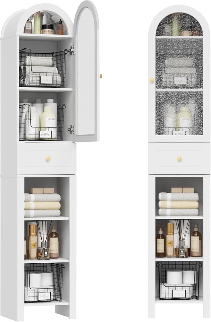 70" Tall Bathroom Storage Cabinet with Acrylic Door,Narrow Storage Cabinet with Drawer Adjustable Shelves, Modern Arched Design Bathroom Cabinet for Bathroom, Living Room, Kitchen, White