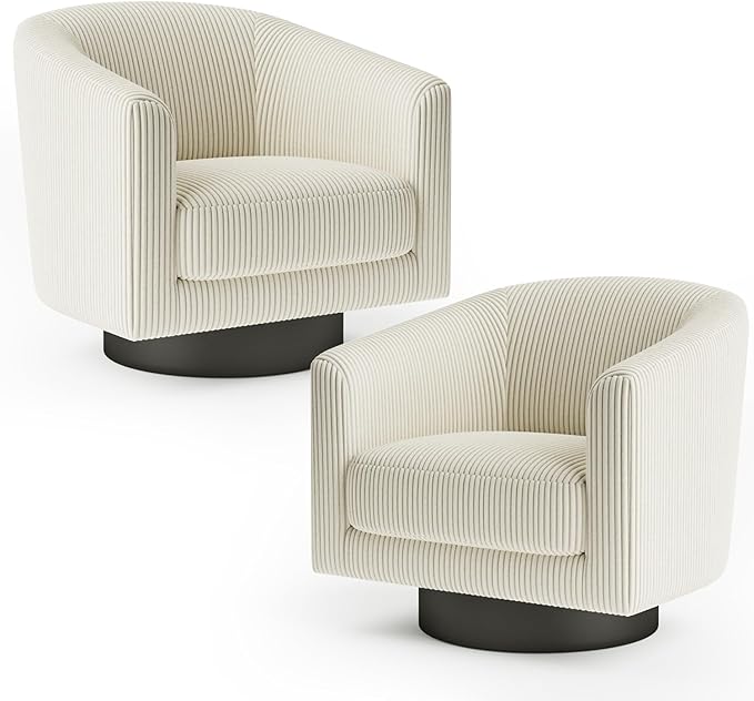 360Β° Swivel Accent Chairs Set of 2, Modern Bucket Chair, Corduroy Barrel Armchair, Comfy Boucle Chair, Single Sofa for Living Room Bedroom. Cream White