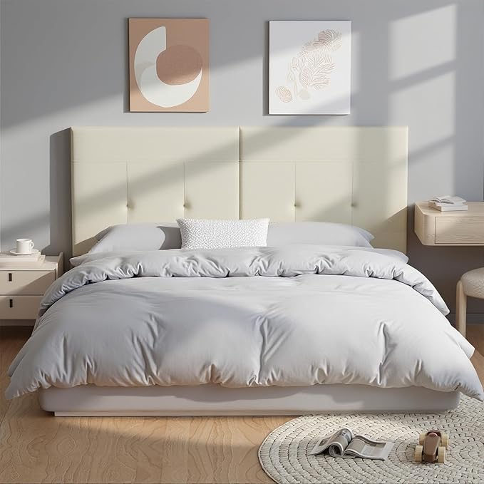 Queen Headboard Only with Adjustable Metal Legs, Faux Leather Upholstered Headboard Queen Size, Modern Stylish Headboard with Sunken Dot Design, Sturdy Bed Headboard for Bedroom, Ivory