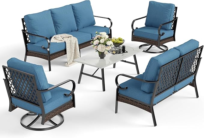 5 Piece Metal Outdoor Patio Furniture Set, Patio Conversation Setsv with 3-Seater Sofa, Loveseat, 2 Fixed Sofa (5.75" Thick Cushion) & Coffee Table Black Backyard Furniture, Denim Blue