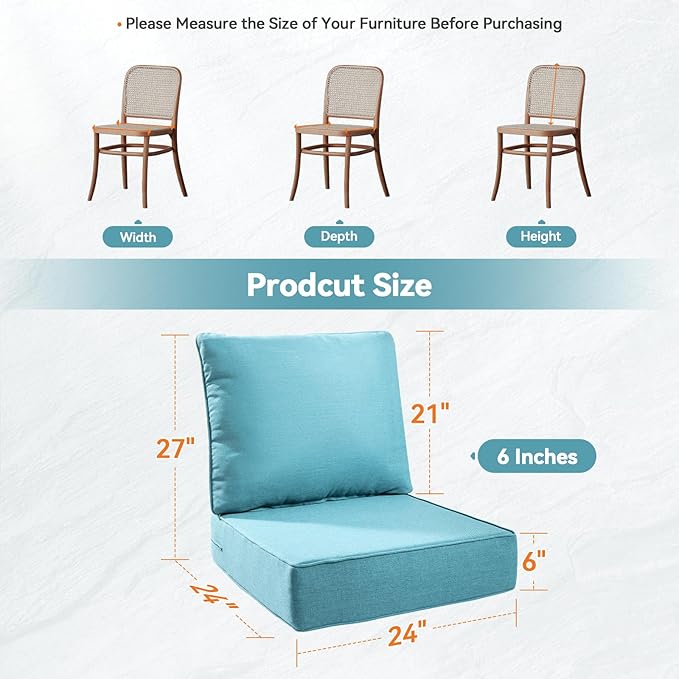Luxury 6" Outdoor Cushions for Patio Furniture, 24x24x6" Thick Seat Cushion Set of 7, Fade Resistant Couch Chair Replacement Cushions High Density Deep Wicker Chair Cushion w/ Removable Cover, Teal