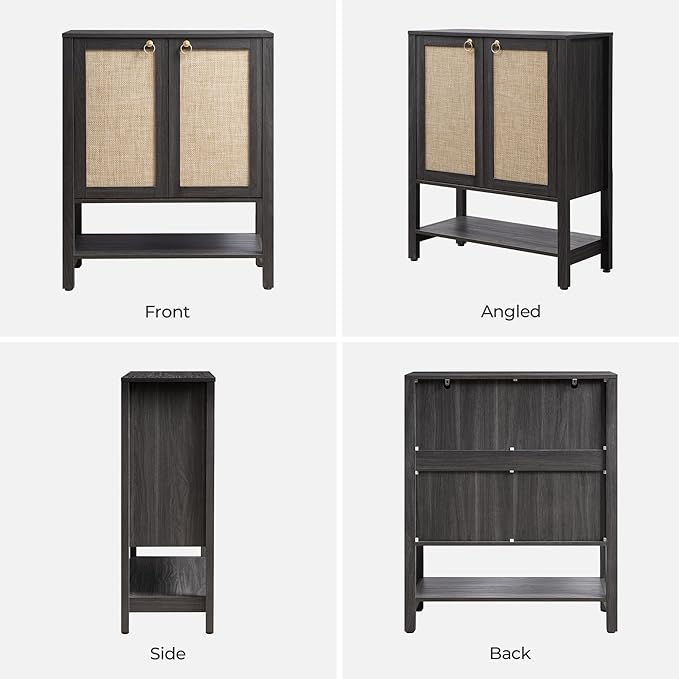 SICOTAS Rattan Shoe Storage Cabinet - 5 Tier Farmhouse Boho Shoe Storage Organizer Cabinet with Doors and Shelves, Tall Shoe Rack for Entryway, Hallway, Living Room, Closet (Obsidian)