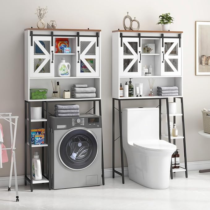 Vabches Over The Toilet Storage Cabinet, Farmhouse Storage Cabinet Over Toilet with Sliding Barn Door,Home Space-Saving Toilet Rack, for Bathroom, Restroom, Laundry
