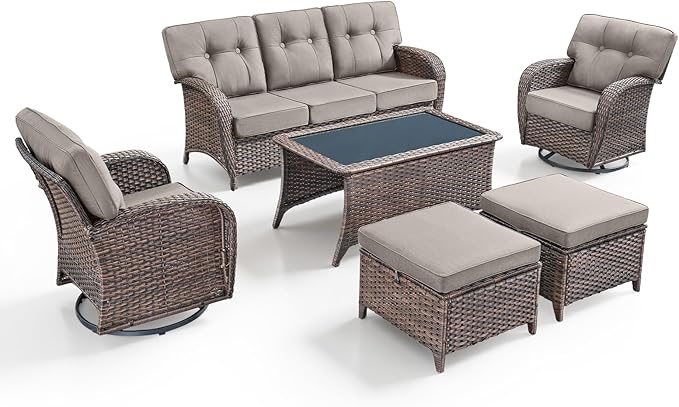 6-Piece Rotating Balcony Chair Set with 31-inch T-Shaped Wide backrest - Rattan Outdoor Rotating Balcony Chairs, Wide backrest Comfortable Outdoor Sliding Chair - Brown | Grey