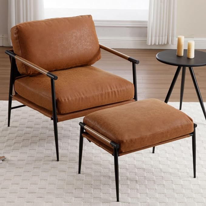 LukeAlon Mid-Century PU Leather Accent Chairs with Ottoman Set of 2, Soft Living Room Chairs with Metal Legs Modern Upholstered Armchairs Lounge Chair with Footstool for Bedroom Reading Room, Brown