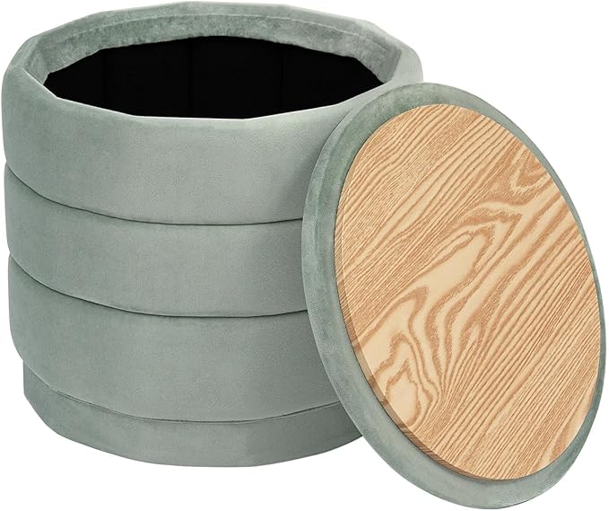 PINPLUS Round Velvet Ottoman Tray, Sage Upholstered Decorative Accent for Footstool or Coffee Table, Removable Serving Surface