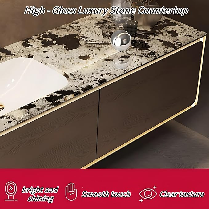 62IN Bathroom Vanity Set with a Single Sink - Embedded Sensor Light Strip & Large Capacity Floating Cabinet | Modern Bathroom Vanities with Defogging Mirror Surface & LED Lighting (Mirror)