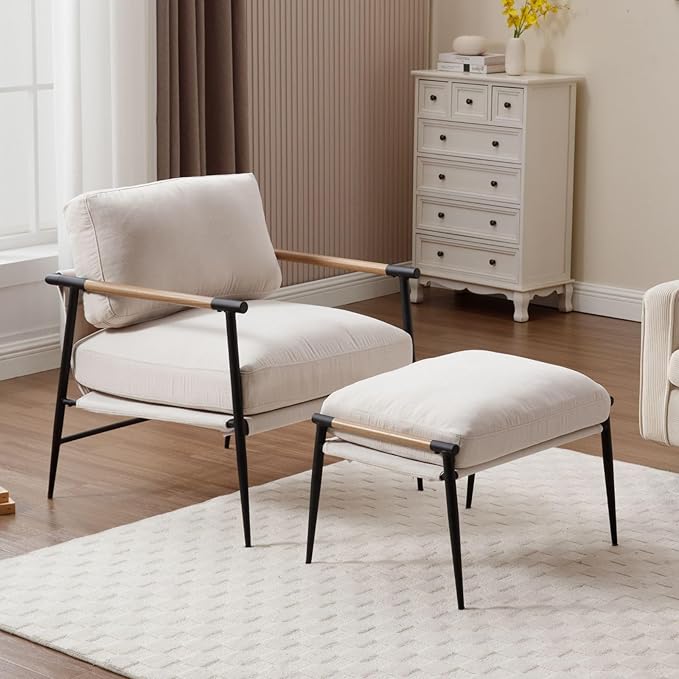LukeAlon Mid-Century Chenille Accent Chairs with Ottoman Set of 2, Soft Living Room Chairs with Metal Legs Modern Upholstered Armchairs Lounge Chair with Footstool for Bedroom Reading Room, Beige