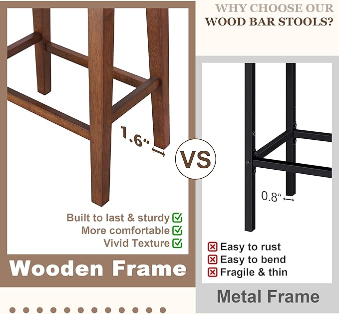 PrimeZone Counter Height Bar Stools Set of 4 - Backless Saddle Barstools with 4.3" Thick Upholstered, Nailhead Trim Faux Leather & Solid Wood Legs, 26 Inch Counter Stools for Kitchen Island, Black