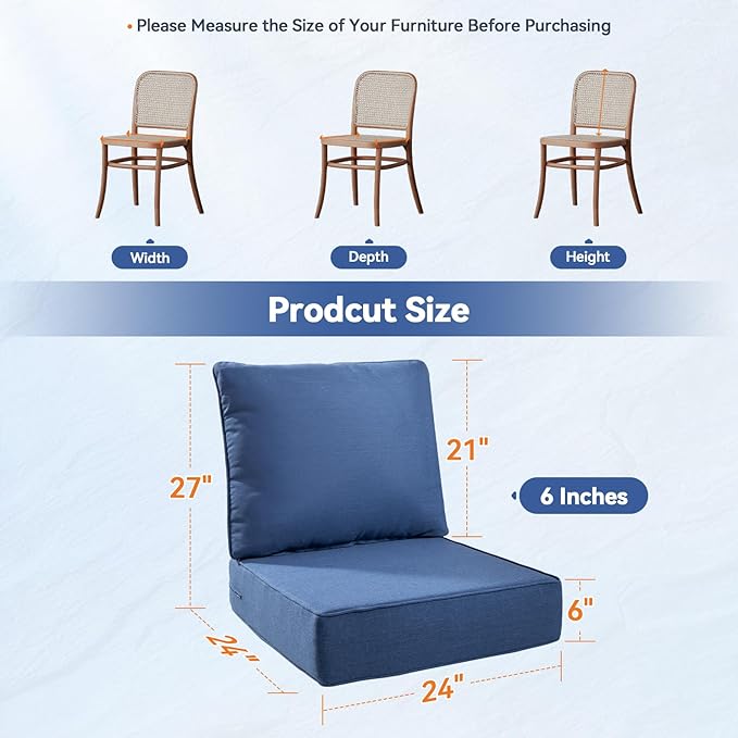 Luxury 6" Outdoor Cushions for Patio Furniture, 24x24x6" Thick Seat Cushion Set of 4, Fade Resistant Couch Chair Replacement Cushions High Density Deep Wicker Chair Cushion w/ Removable Cover, Blue