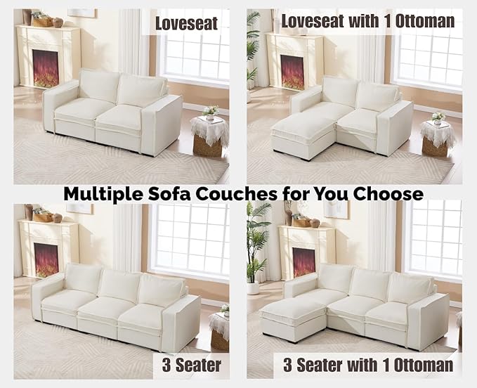 EALSON 93" Modular Sectional Sofa Comfy Cloud Couch with Ottoman Modern Convertible L Shape Couches with Wooden Legs Linen Deep Seat Couch 4-Seater Sofa for Living Room/Apartment, White