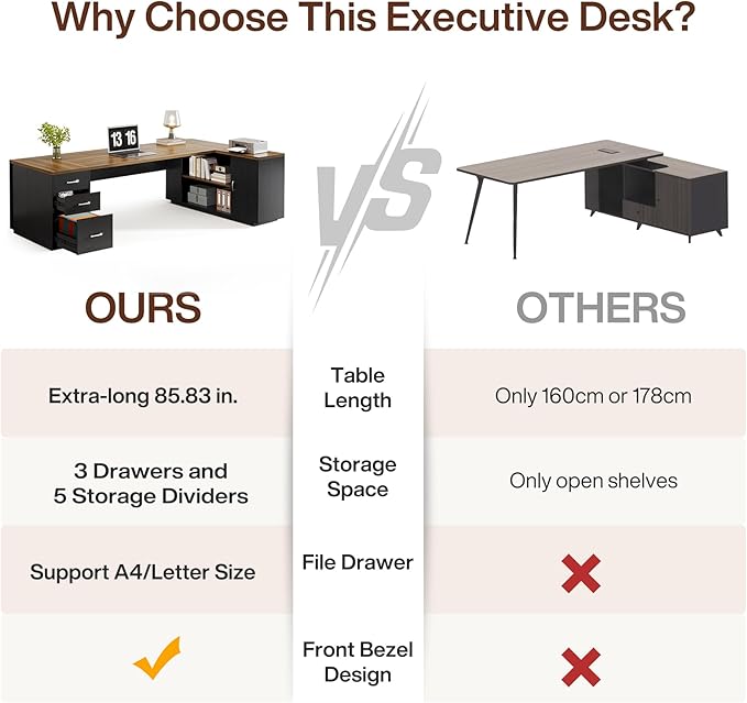 Tribesigns 85.8-Inch L-Shaped Executive Desk with File Drawers, Door Cabinet & Shelves, Extra Large Commercial Office Desk, Modern Professional Office Table, Business Furniture, Warm Brown & Black