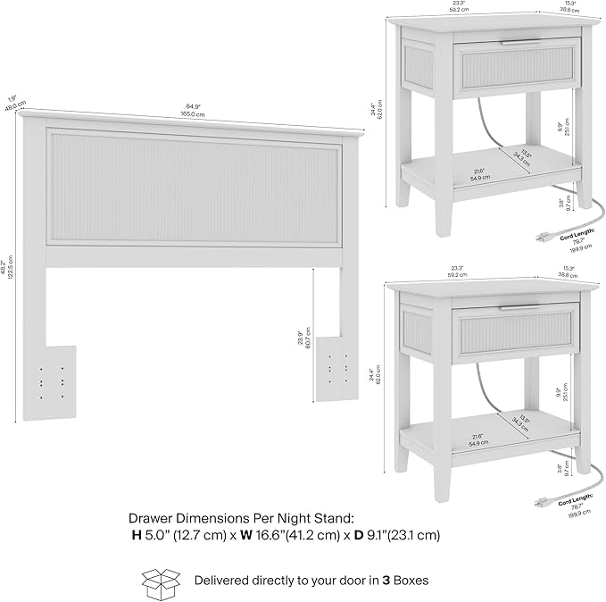 Bush Home 65-inch Full/Queen Headboard with 2 Nightstands, Bedroom Furniture, Camille Collection, Onyx Birch