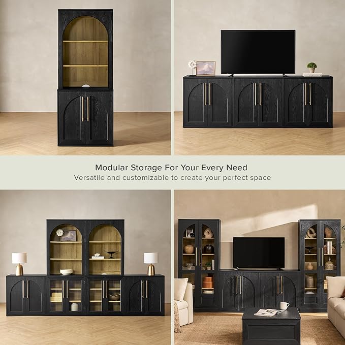 mopio Blake Storage Cabinet, Small Modular Accent Display Sideboard Buffet Cabinet with Storage, Media Console Credenza, for Living Room, Kitchen Coffee Bar Pantry (Black Oak Arched, Single)
