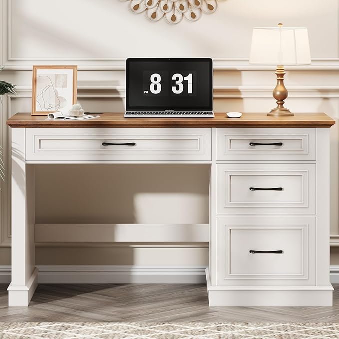 Farmhouse 47" Executive Desk, Computer Desk with Drawers and File Drawer, Workstation Computer Desk with Charging Station for Home Office,Study,(Unique White)