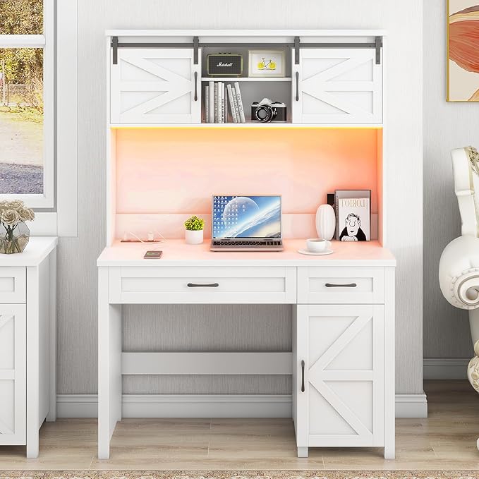 Vabches Farmhouse 47" Executive Desk, Computer Desk with 2 Drawers and Storage Cabinet, Home Office Desk with Hutch, Charging Hub, Workspace for Work and Study,(Cream White)