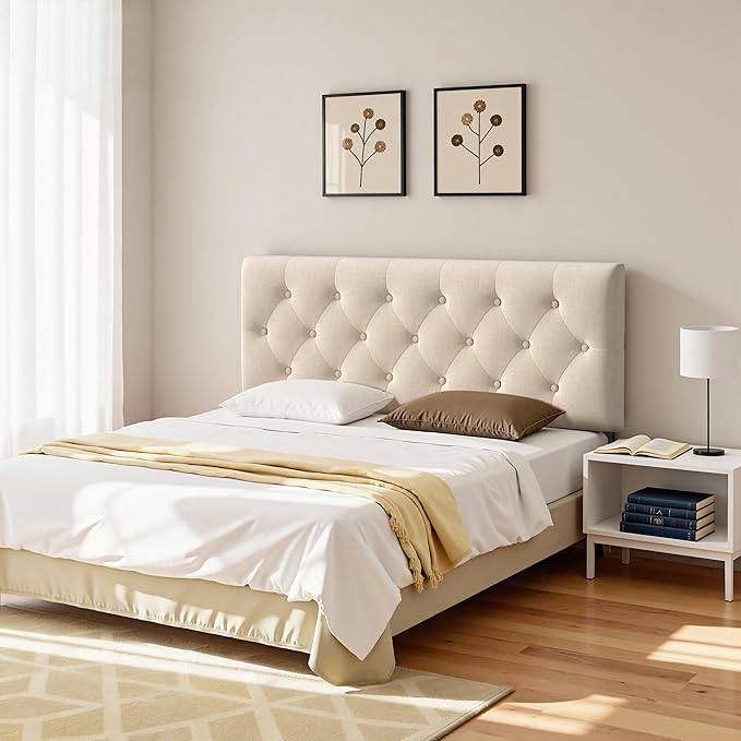 Tufted Upholstered Headboard Queen Size, Solid Wood Head Board with Durable Metal Legs, Linen Fabric Padded Headboard, Adjustable Height from 37” to 51”, Modern Button Design Head Board, Beige
