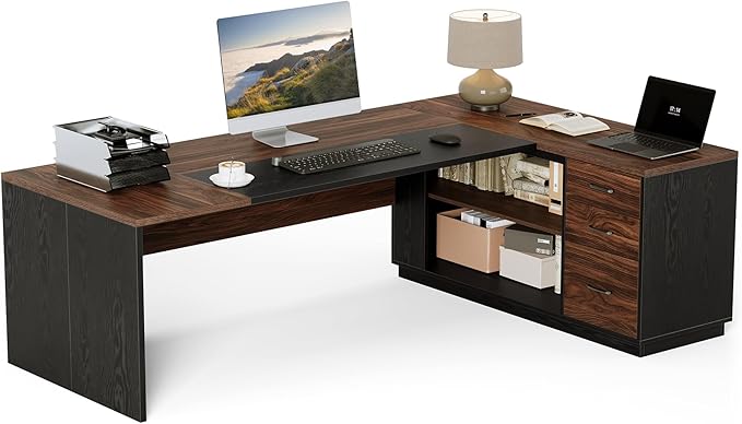 LITTLE TREE 78.7 Inches Modern Executive Desk with File Cabinet, Extra Large L Shaped Home Office Desk with Drawers, Professional Spacious Workstation for Home Office (Brown & Black)