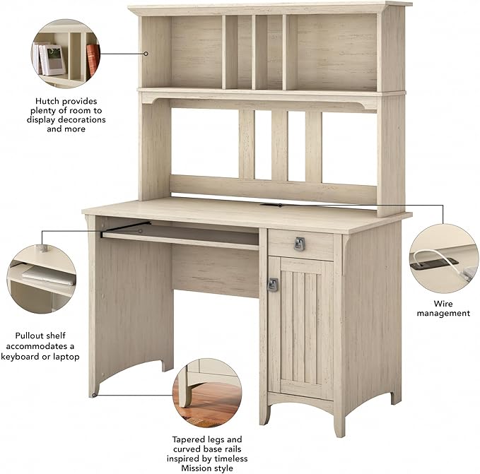 Bush Furniture Distressed Finish Options Include a Cream Colored Antique White, Pure White with Shiplap Gray, Cape Cod Gray, Vintage Black, Ash Brown, Reclaimed Pine and Driftwood Gray
