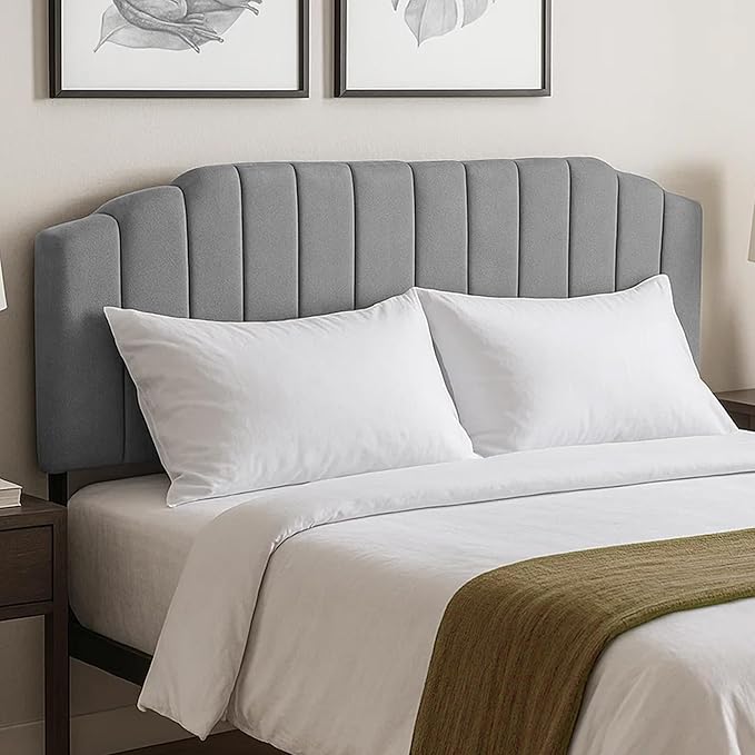 Upholstered Headboard Adjustable Height Queen/King Headboard Cream Velvet Tufted Modern Vertical Channel Design with Stepped Silhouette Top Edge(Grey King)