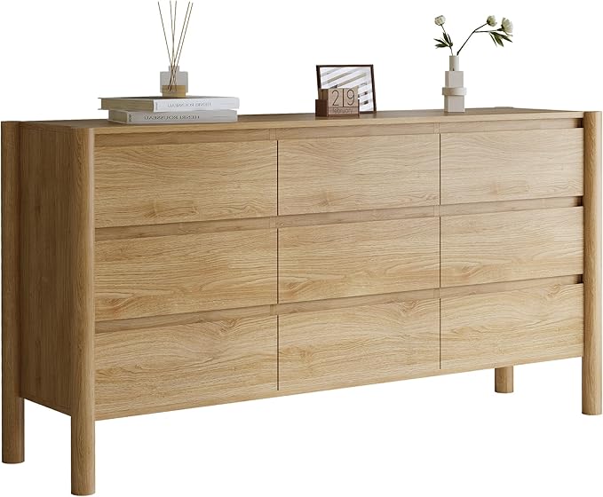 Dresser for Bedroom with 9 Drawers,63" Wide Oak Dresser with 4 Solid Wood Legs, Wooden TV Stand,Closet Clothes Organizer for Bedroom, Hallway