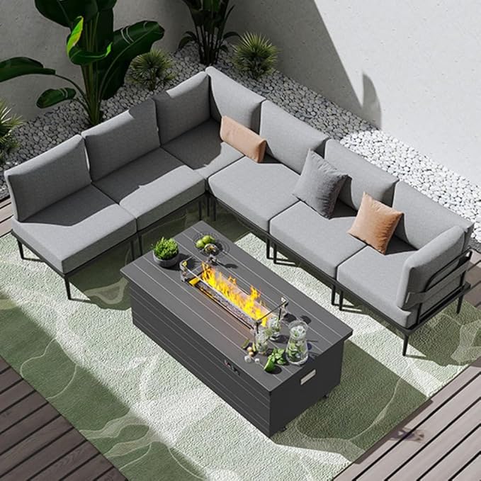 Sundale Outdoor 7 Pieces Patio Furniture Set with Fire Pit Table, L-Shaped Outdoor Sectional Sofa with 6 Inch Olefin Cushion, All-Weather Modern Metal Outdoor Conversation Sets (6 Seats,White Frame)