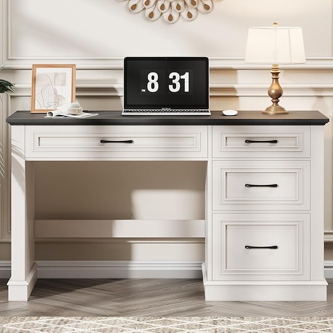 Vabches Farmhouse 47" Executive Desk, Computer Desk with Drawers and File Drawer, Workstation Computer Desk with Charging Station for Home Office, Study,(Black