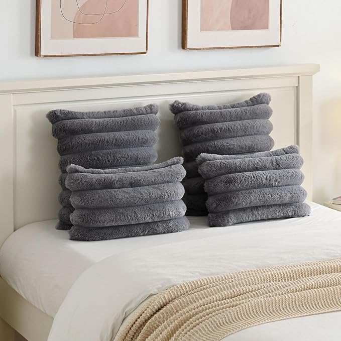 FUTEI Grey Decorative Throw Pillow Covers 22x22 Inch Set of 2, Square Soft Faux Rabbit Fur Thick Striped Cushion Cover,Winter Home Decor for Couch Bed Living Room
